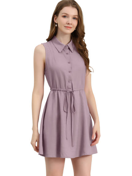 Allegra K- Sleeveless Pleated Drawstring Waist Shirt Dress