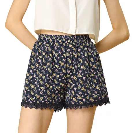 Allegra K - Elastic Waist Lace Trim Summer Floral Shorts