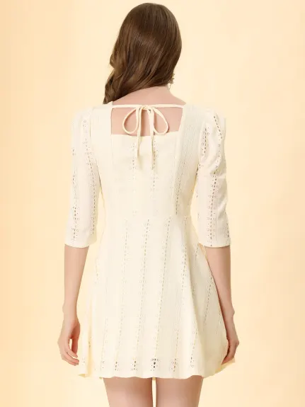 Allegra K- Square Neck Lace Puff Sleeve Dress