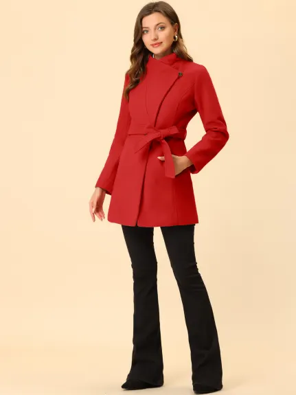 Allegra K- Classic Stand Collar Belted Long Coat