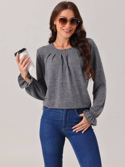 Allegra K - Crew Neck Smocked Cuff Long Sleeve Blouse