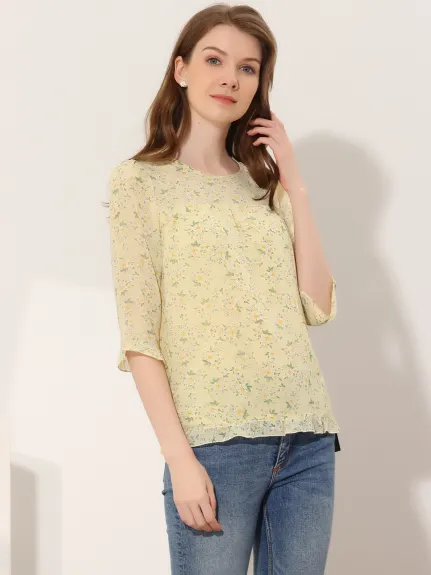 Allegra K- Blouse florale en mousseline à manches 3/4 et à volants