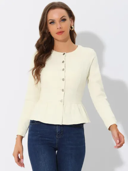 Allegra K - Veste en jean délavée courte à ourlet volanté