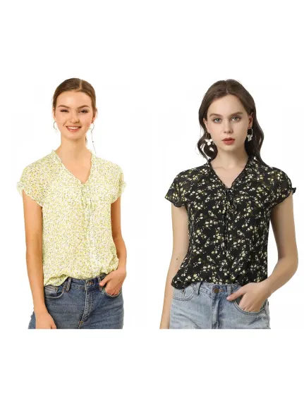 Allegra K- V Neck Summer Floral Chiffon Blouse 2-Pack