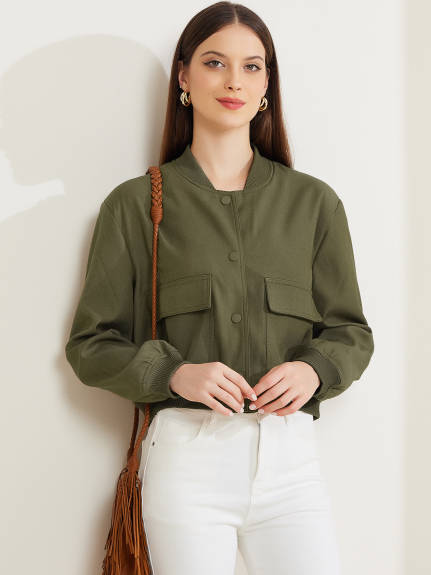 Allegra K - Button Down Stand Collar Bomber Jacket