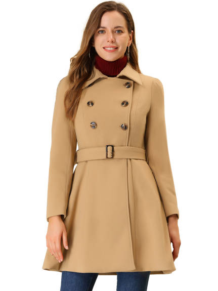 Allegra K- Double Breasted Turn Down Collar Swing Belted Coat