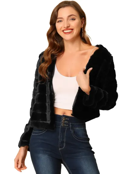 Allegra K- Cropped Collarless Faux Fur Fluffy Coat Jacket