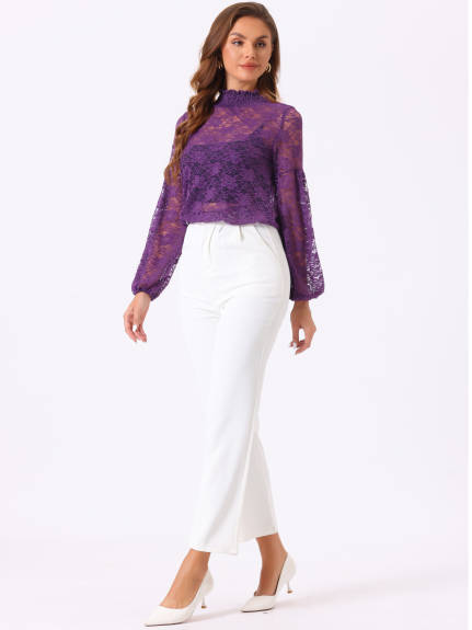 Allegra K- Ruffle Mock Neck Floral Lace Sheer Blouse