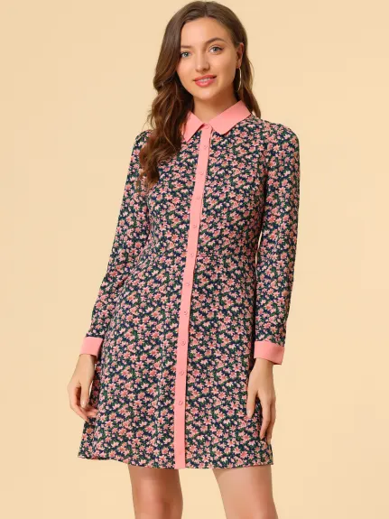 Allegra K- Contrast Collar Floral Shirt Dress