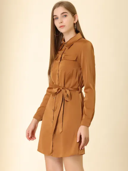 Allegra K- Button Down Satin Shirt Dress