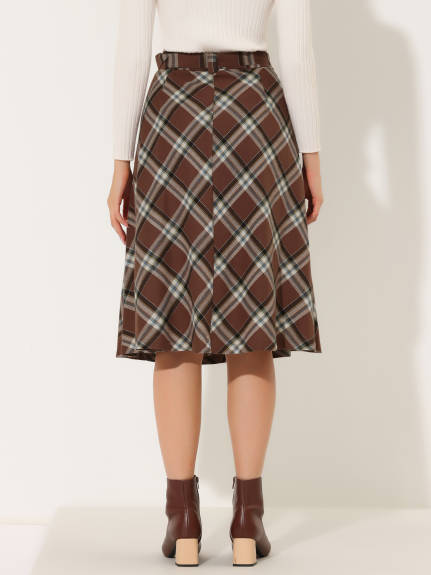 Allegra K- Plaid Tartan Belted A-Line Midi Skirt