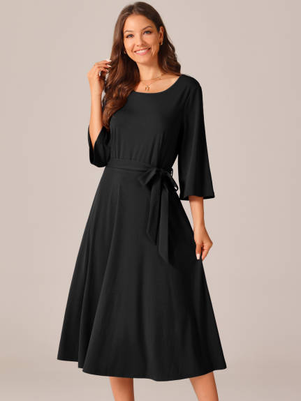 Allegra K - Elegant Crewneck Tie Waist Midi Dress