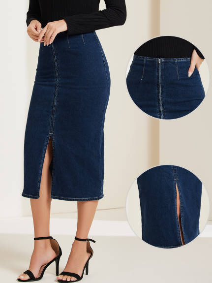 Allegra K - Front Slit Maxi Bodycon Denim Skirt