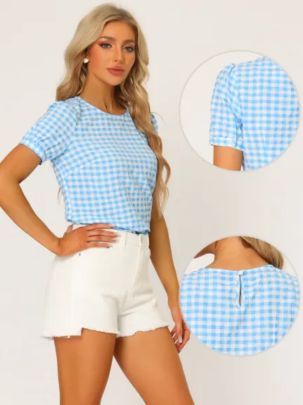 Allegra K- Gingham Puff Short Sleeve Vintage Blouse