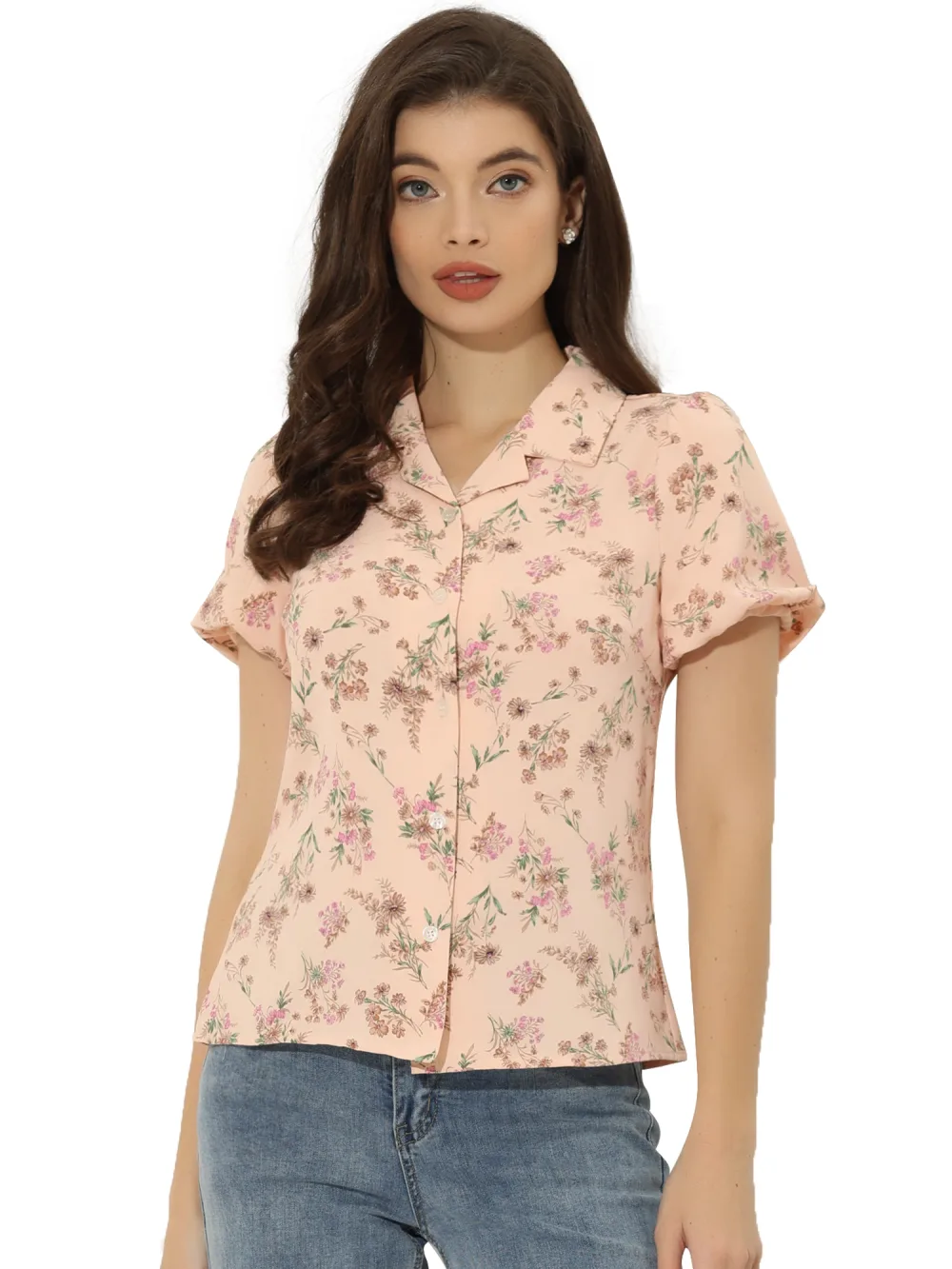 Allegra K- Notched Lapel Collared Short Sleeve Floral Shirt