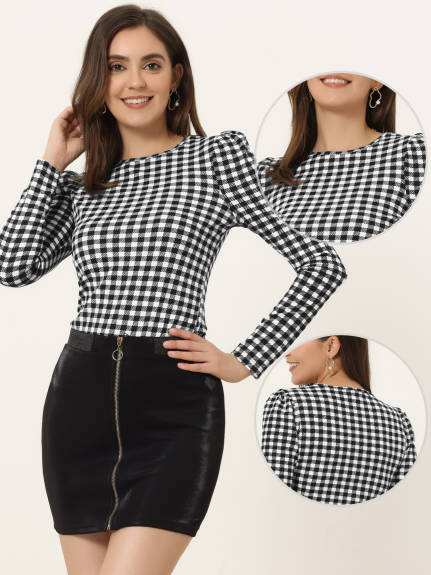 Allegra K- Puff Sleeve Knit Plaid Pullover Top