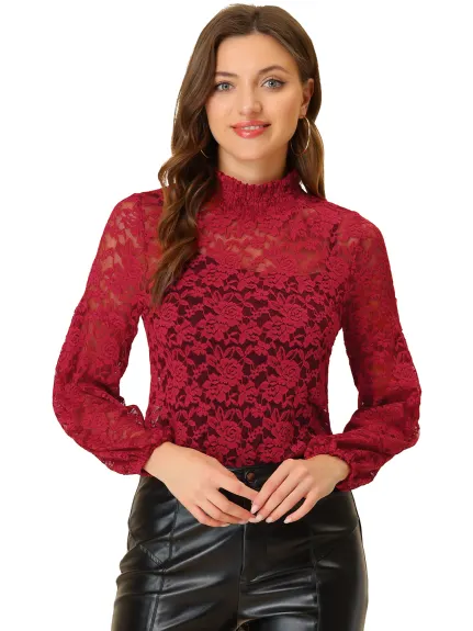 Allegra K- Blouse transparente en dentelle florale à col montant et volants