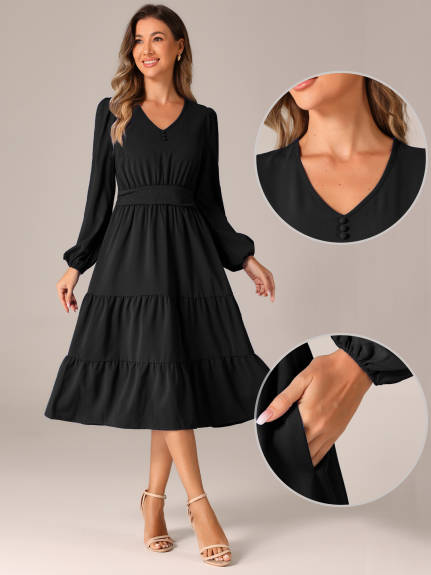 Allegra K - V Neck Lantern Sleeve Ruffle Flowy Dress