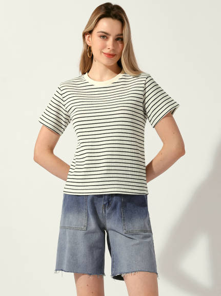 Allegra K - Casual Striped Crew Neck Short Sleeve T-Shirt