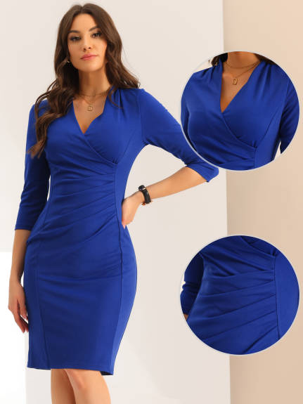 Allegra K - 3/4 Sleeve Ruched Wrap Pencil Dress