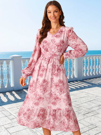 Allegra K - Long Sleeve Chiffon Flowy Floral Dress