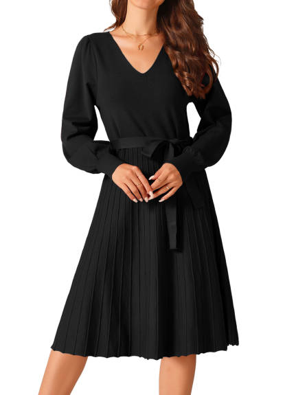 Allegra K - V-Neck Tie Waist Pleated Dress