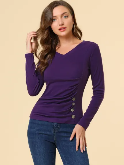 Allegra K - Long Sleeves Buttons Decor Knit Ruched Top