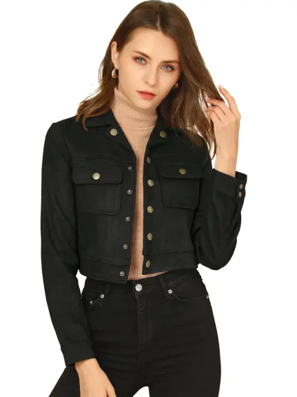 Allegra K- Faux Suede Notched Collar Button Up Cropped Jacket