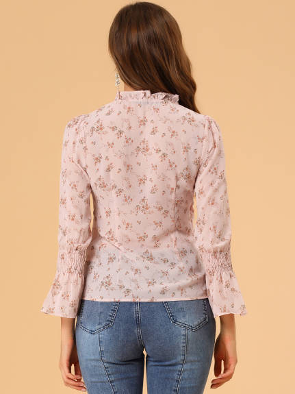 Allegra K- Smocked Sleeve V-Neck Chiffon Floral Blouse