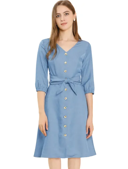 Allegra K- V Neck 3/4 Sleeve Belted Shirt Dress