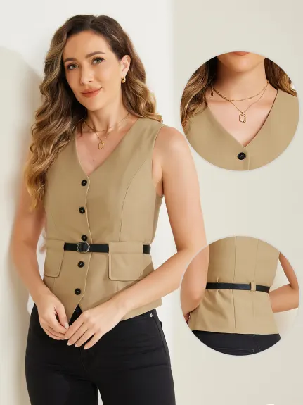 Allegra K- Button Up Belt V Neck Waistcoat