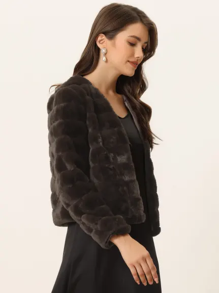 Allegra K- Cropped Collarless Faux Fur Fluffy Coat Jacket