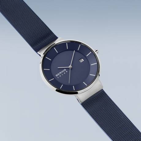 BERING - Montre solaire pour homme en acier inoxydable de 39 mm en argent/bleu