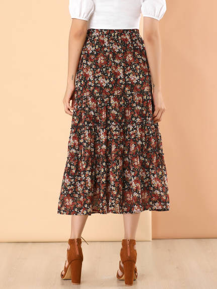 Allegra K- Floral Tiered A-Line Long Chiffon Skirt