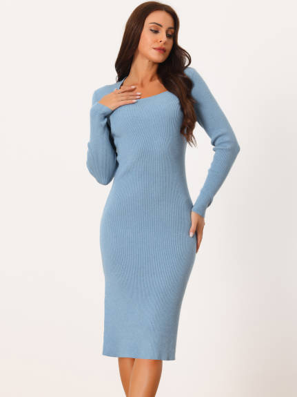 Allegra K - Square Neck Long Sleeve Ribbed Knit Dress