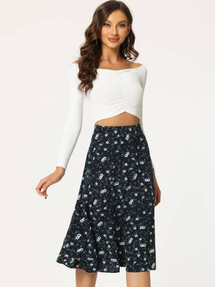 Allegra K- Elastic Waist A-Line Midi Leave Print Skirt