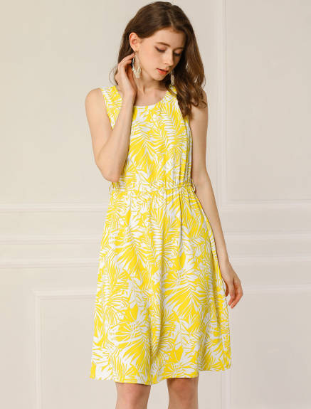 Allegra K- Leaf Pattern Sleeveless Belt Dress