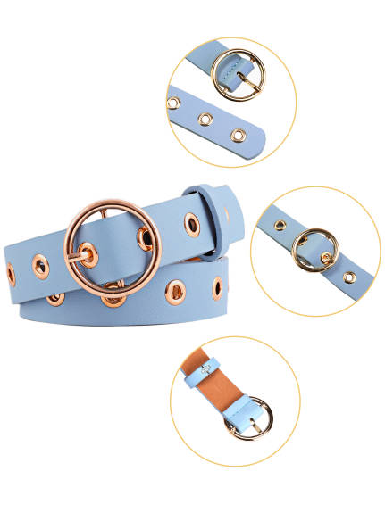 Allegra K- Studded Grommet Circle Metal Buckle Leather Belt