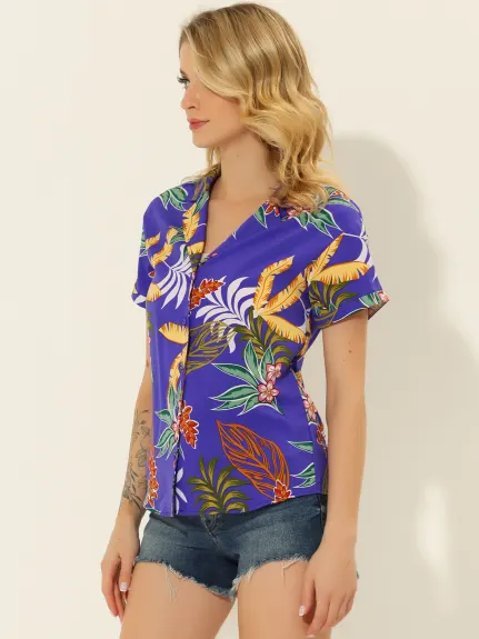 Allegra K- Beach Tropical Floral Leaves Button Down Shirt