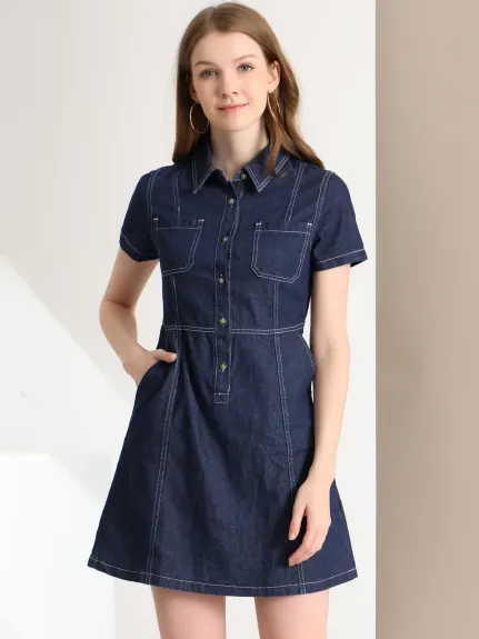 Allegra K- Denim Collared Short Sleeve Summer Dress