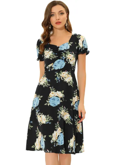 Allegra K- Floral Sweetheart Cherry Print Flare Dress