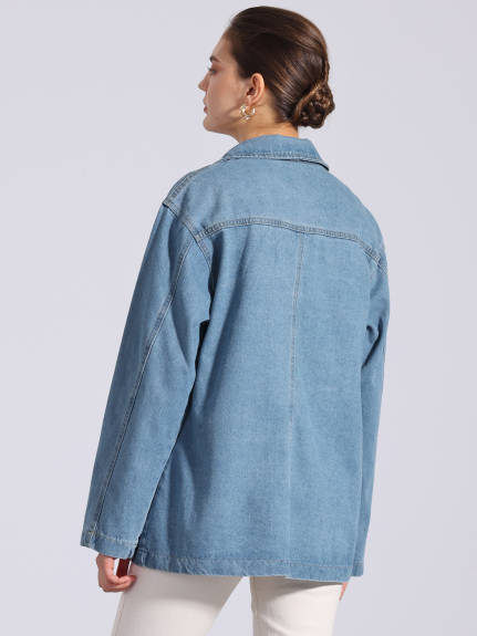 Allegra K - Notched Lapel Oversized Denim Blazer Jacket