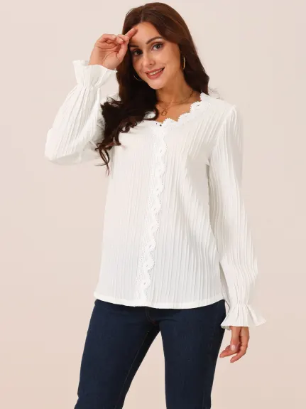 Allegra K - Lace V Neck Lantern Sleeve Casual Top