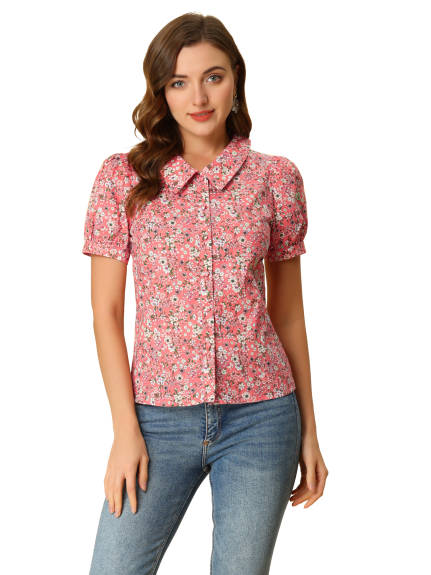 Allegra K- Puff Sleeve Turndown Collar Floral Blouse