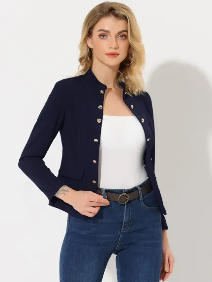 Allegra K- Stand Collar Open Front Button Decor Blazer Jacket