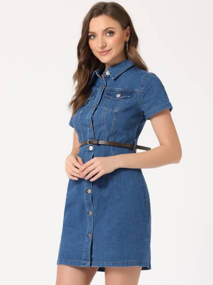 Allegra K- Collar Short Sleeve Belted Denim Shirt Dress