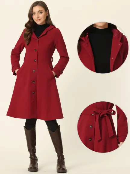 Allegra K - Winter Belted Hooded Long Peplum Coat