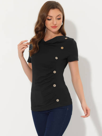 Allegra K - Cowl Neck Button Decor Ruched Top