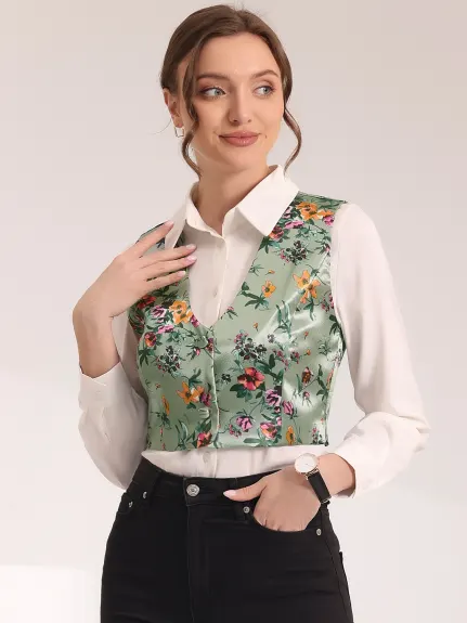 Allegra K- Floral V Neck Button Satin Waistcoat Vest