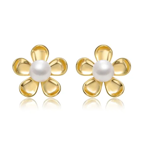 Genevive Sterling Silver 14k Yellow Gold Plated with White Pearl Blooming Daisy Flower Stud Earrings